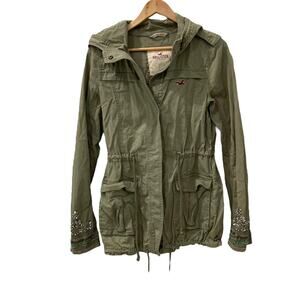 Hollister Military Style Jeweled Button Army Green Jacket with Hoodie Size Small